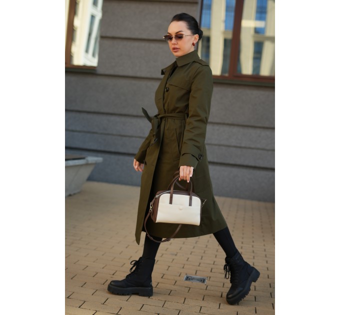 Женская сумка с натуральной кожи молочная/коричневая BAGS4LIFE (T) 5159# с кнопкой