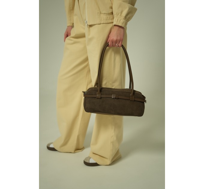 Сумка-багет жіноча з натуральної шкіри та замші сіро-бежева BAGS4LIFE 990226 з ремінцем