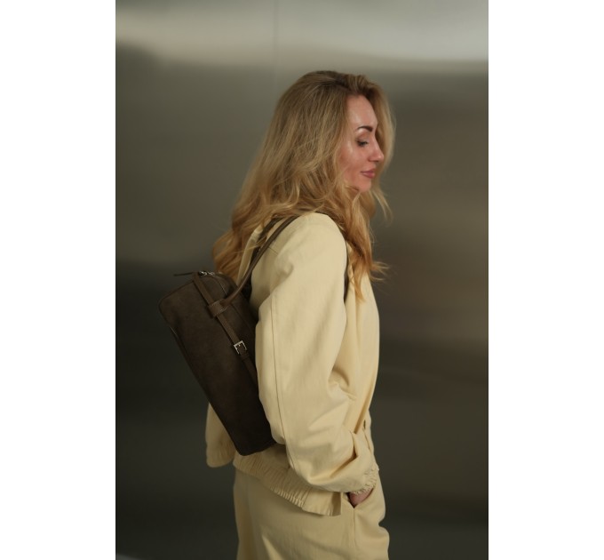 Сумка-багет жіноча з натуральної шкіри та замші сіро-бежева BAGS4LIFE 990226 з ремінцем