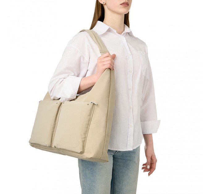 Женская сумка-шоппер из полиэстера светло-бежевая EPOL 6116-04 с накладными карманами