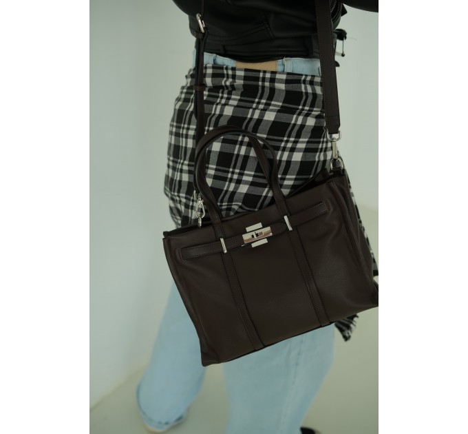 Женская сумка-тоут из натуральной кожи коричневая BAGS4LIFE 719 с ремешком