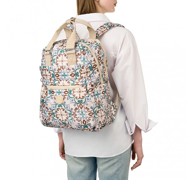 Рюкзак женский из полиэстера бежевый принт BAGS4LIFE 91101 с ручками