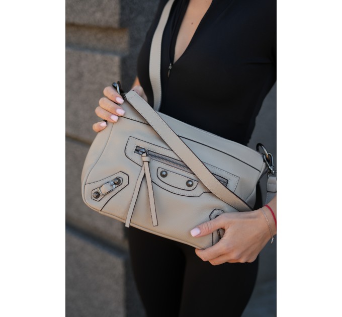 Сумка женская из гладкой кожи светло-серая BAGS4LIFE (T) HW-8640#