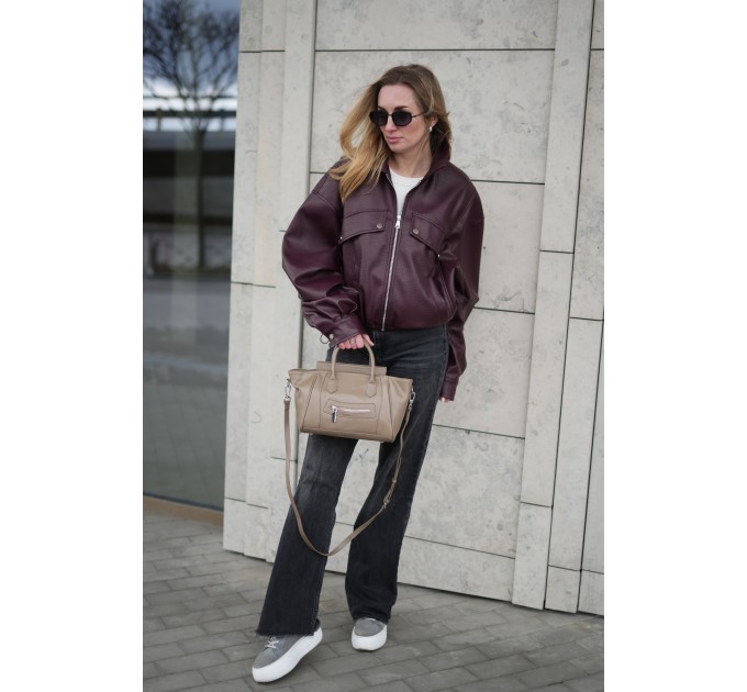 Жіноча сумка з натуральної шкіри сіро-бежева BAGS4LIFE (T) 99070 з ремінцем