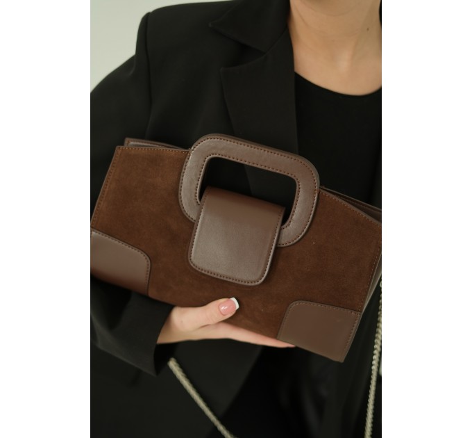 Женская сумка-клатч из натуральной кожи и замши коричневая BAGS4LIFE 8637 с цепочкой