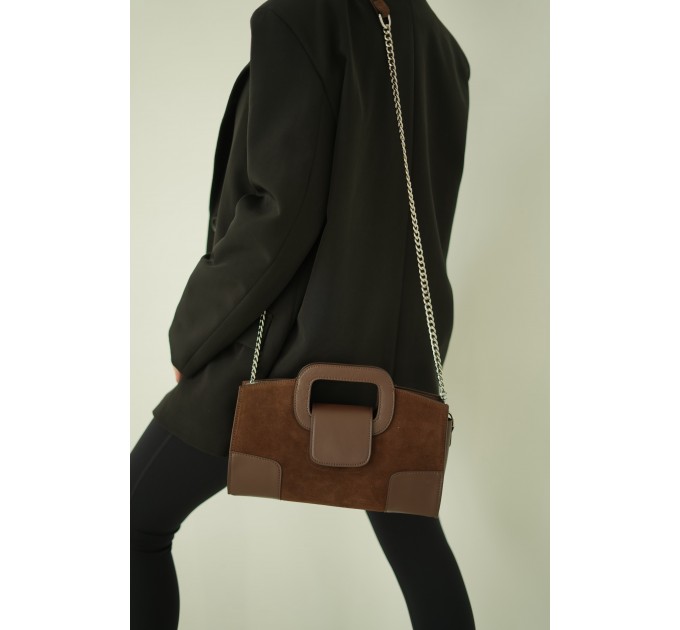 Женская сумка-клатч из натуральной кожи и замши коричневая BAGS4LIFE 8637 с цепочкой