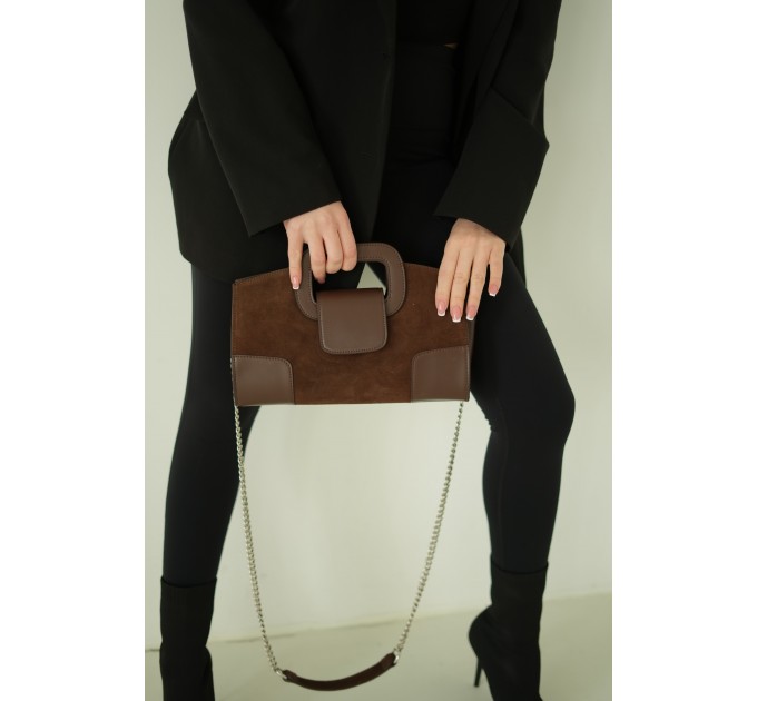 Женская сумка-клатч из натуральной кожи и замши коричневая BAGS4LIFE 8637 с цепочкой