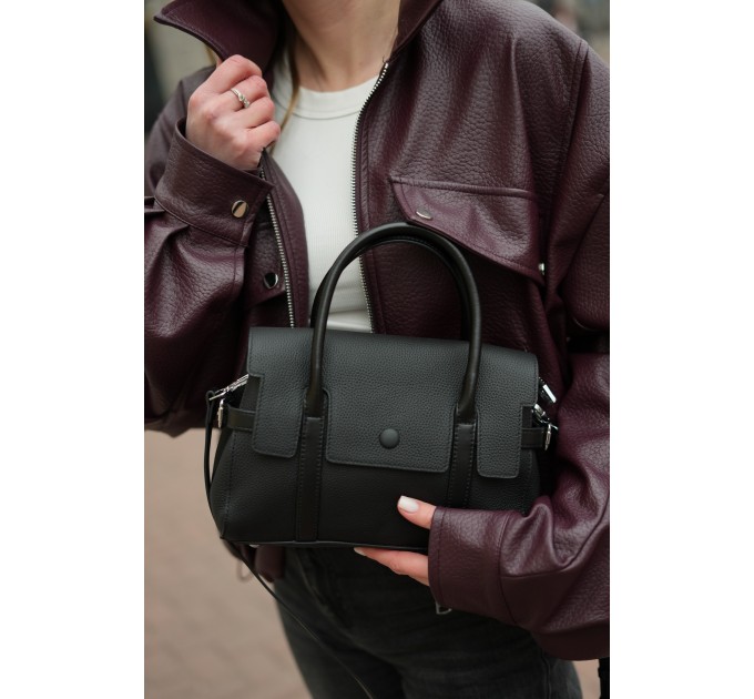 Женская сумка-тоут с натуральной кожи черная BAGS4LIFE 99067 с клапаном