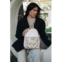 Жіночий рюкзак з натуральної шкіри білий Vito Torelli 1089 3042/1722/1005 з лілією