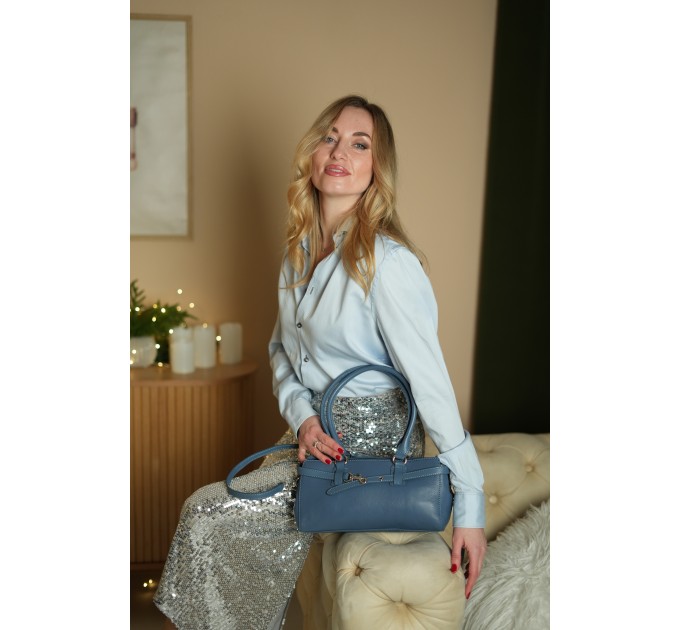 Жіноча сумка-багет з натуральної шкіри синя BAGS4LIFE 8216 з ремінцем