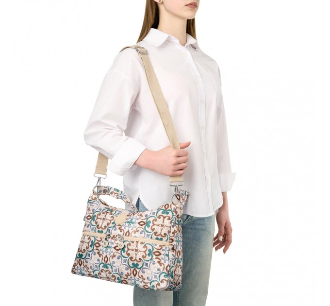 Сумка хобо жіноча з поліестера бежевий принт BAGS4LIFE 91102 з довгою ручкою