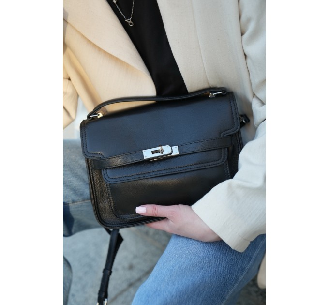 Жіноча сумка-портфель з натуральної шкіри чорна BAGS4LIFE 721 з ремінцем та ручкою
