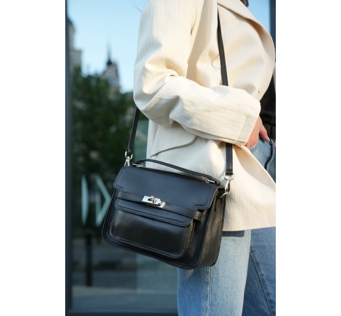 Жіноча сумка-портфель з натуральної шкіри чорна BAGS4LIFE 721 з ремінцем та ручкою