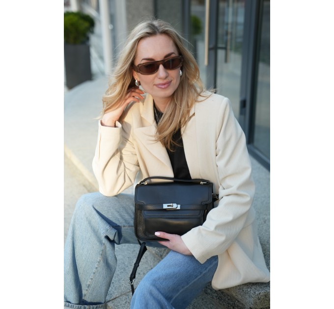 Жіноча сумка-портфель з натуральної шкіри чорна BAGS4LIFE 721 з ремінцем та ручкою