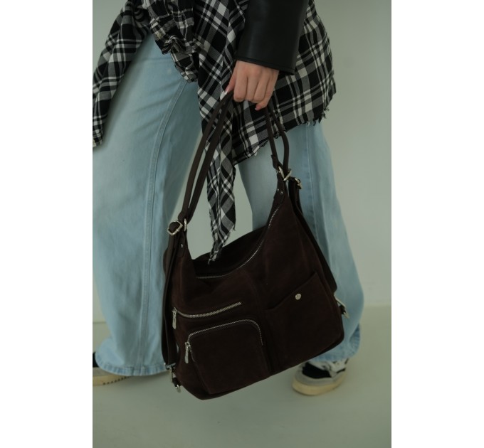 Женская сумка-рюкзак из натуральной замши и кожи коричневая BAGS4LIFE 900121F с накладными карманами