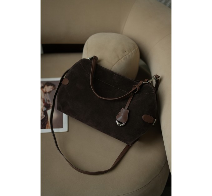 Сумка жіноча з натуральної шкіри та замші коричнева BAGS4LIFE 9880-1 з ремінцями та брелоком