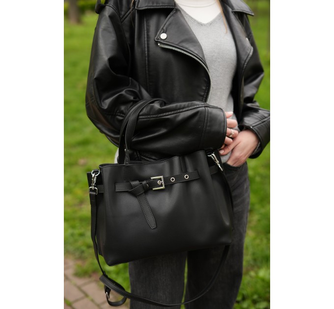Сумка-тоут женская кожанная черная BAGS4LIFE 6013 с ремешком