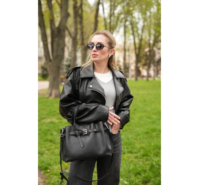 Сумка-тоут женская кожанная черная BAGS4LIFE 6013 с ремешком