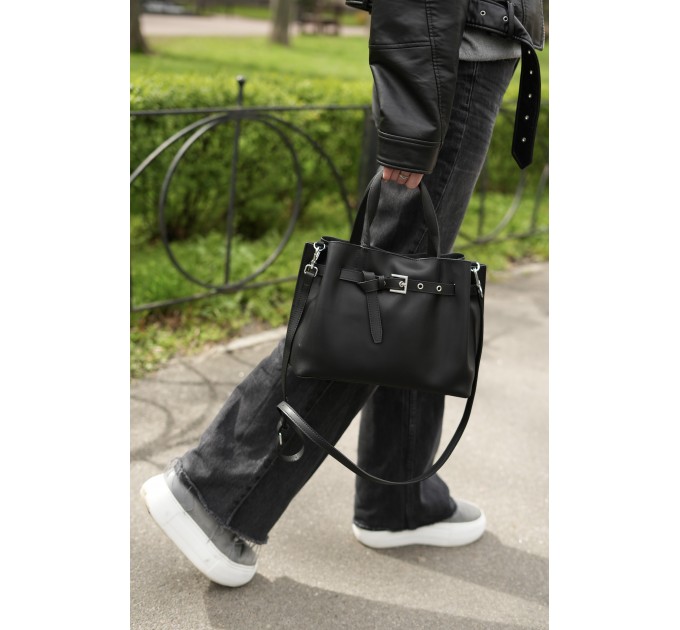 Сумка-тоут женская кожанная черная BAGS4LIFE 6013 с ремешком