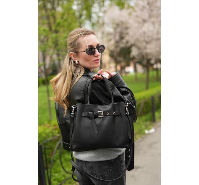 Сумка-тоут женская кожанная черная BAGS4LIFE 6013 с ремешком