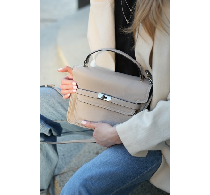 Жіноча сумка-портфель з натуральної шкіри сіро-бежева BAGS4LIFE 721 з ремінцем та ручкою