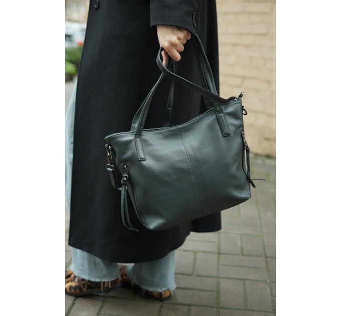 Жіноча сумка-тоут з натуральної шкіри темно-сиза BAGS4LIFE 2036