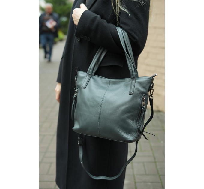 Жіноча сумка-тоут з натуральної шкіри темно-сиза BAGS4LIFE 2036