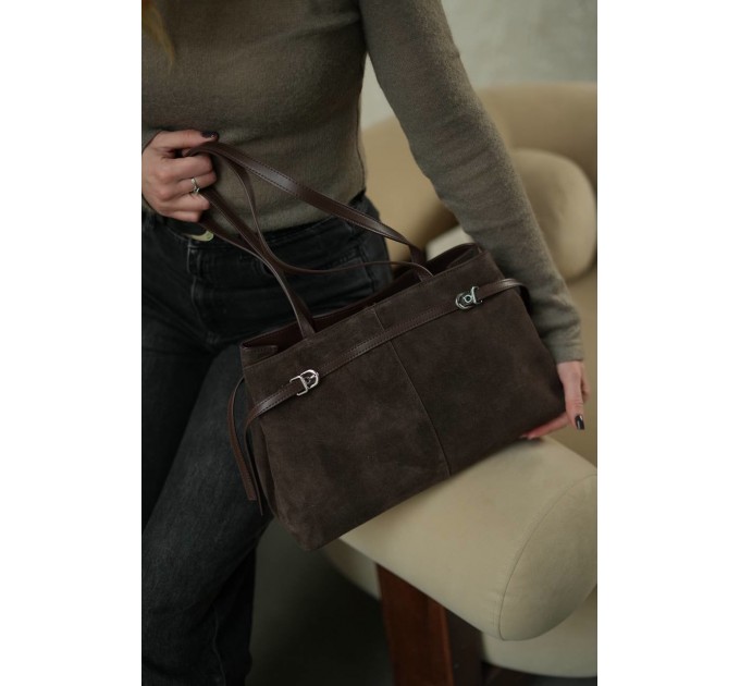 Сумка жіноча з натуральної шкіри та замші коричнева BAGS4LIFE 5139 з ремінцями