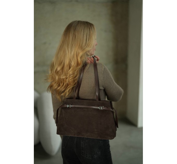 Сумка жіноча з натуральної шкіри та замші коричнева BAGS4LIFE 5139 з ремінцями