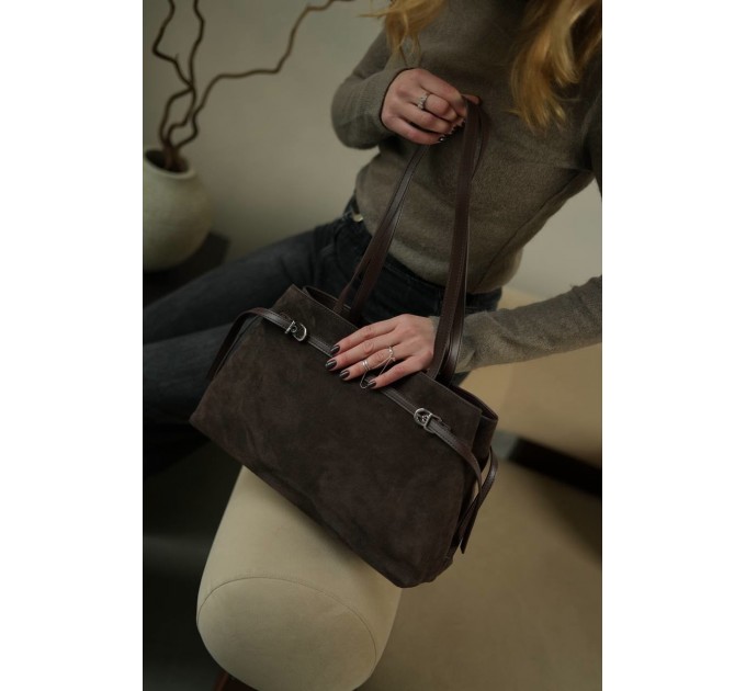 Сумка жіноча з натуральної шкіри та замші коричнева BAGS4LIFE 5139 з ремінцями