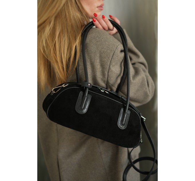 Жіноча сумка-багет з натуральної замші та шкіри чорна BAGS4LIFE 8575F з двома ручками