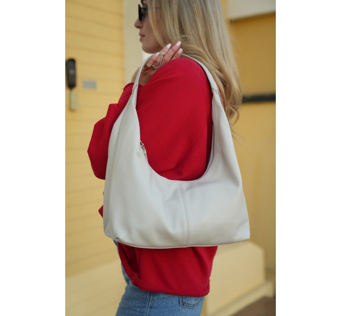 Женская сумка-хобо с натуральной кожи серо-бежевая BAGS4LIFE 8599