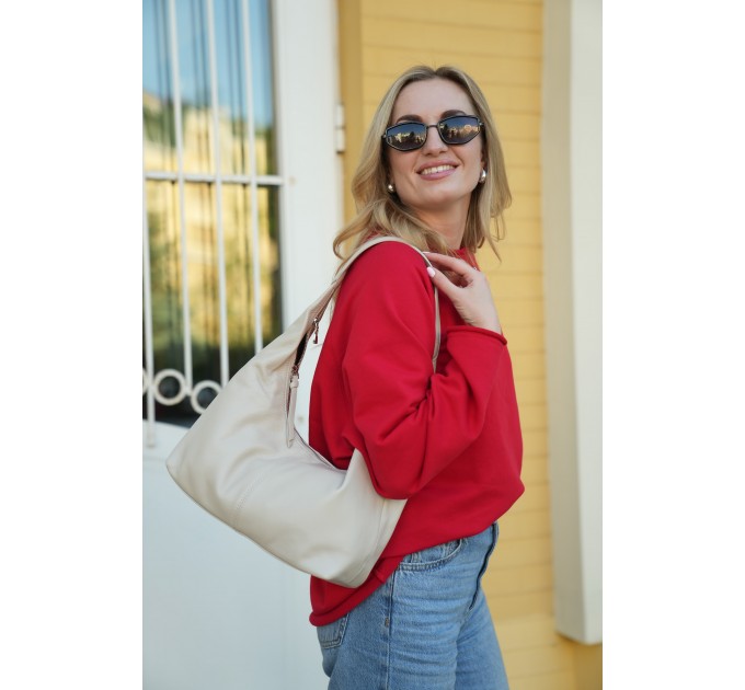 Женская сумка-хобо с натуральной кожи серо-бежевая BAGS4LIFE 8599
