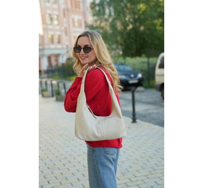 Женская сумка-хобо с натуральной кожи серо-бежевая BAGS4LIFE 8599