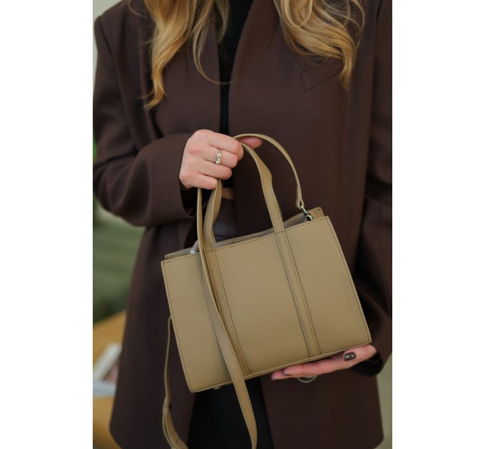 Женская сумка из натуральной кожи серо-бежевая BAGS4LIFE 5112 прямоугол. с ручками