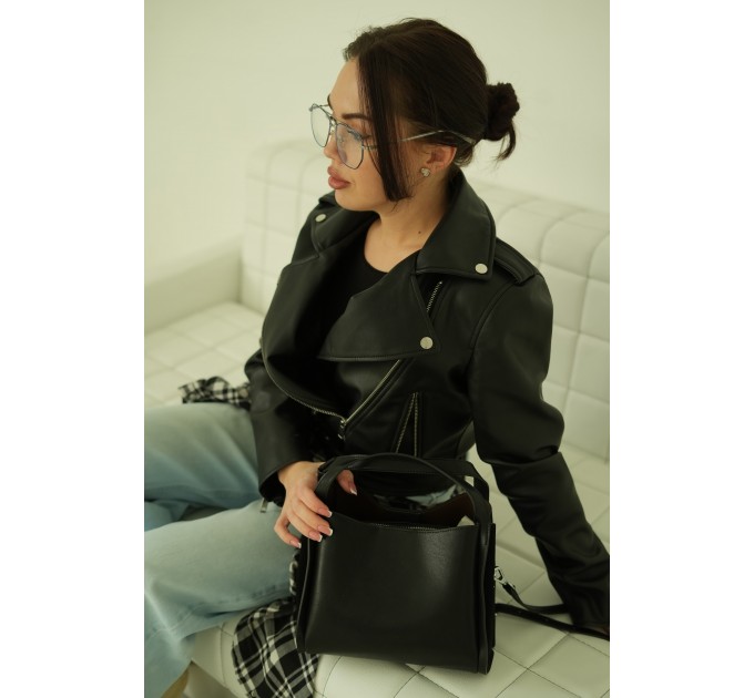 Женская сумка-тоут из натуральной замши и кожи черная BAGS4LIFE 520 с декором ручки