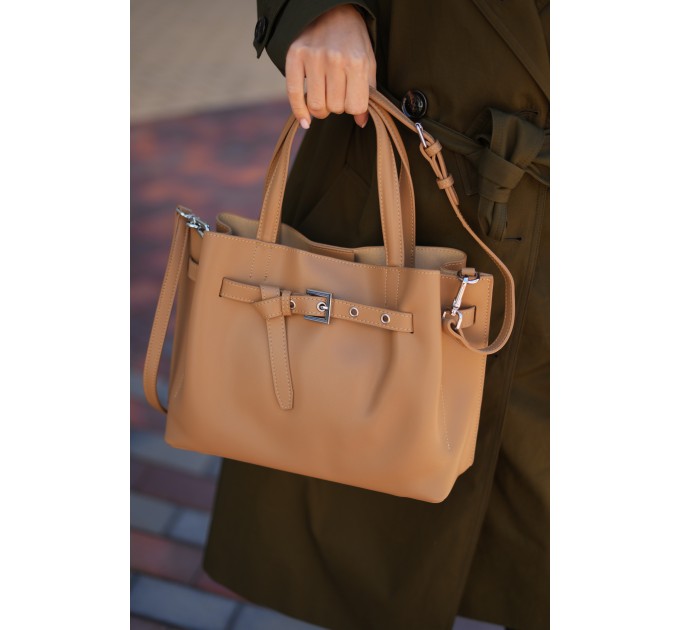 Сумка женская кожанная бежевая BAGS4LIFE (T) 6013# с ремешком