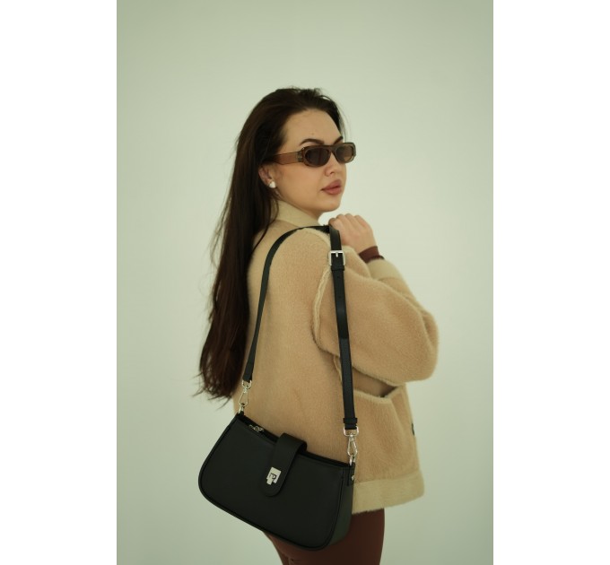 Женская сумка-багет из натуральной кожи черная BAGS4LIFE 8585 с клапаном и замком