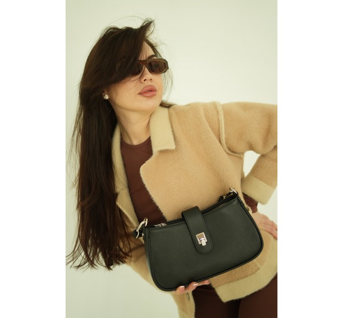 Женская сумка-багет из натуральной кожи черная BAGS4LIFE 8585 с клапаном и замком