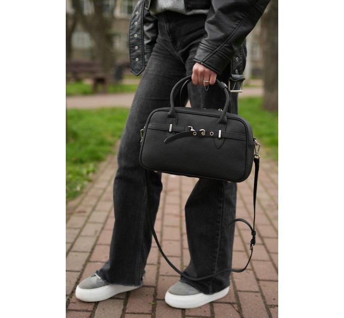 Женская сумка с натуральной кожи черная BAGS4LIFE (T) 6037 с ремешком