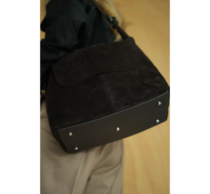 Женская сумка-хобо из натураьной кожи и замши коричневая Vito Torelli 1106 6010/1210 с клапаном