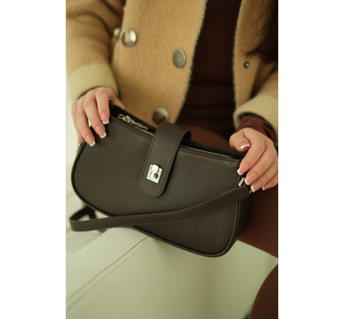 Женская сумка-багет из натуральной кожи коричневая BAGS4LIFE 8585 с клапаном и замком