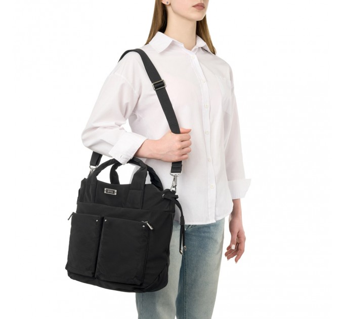 Жіноча сумка-тоут з поліестера чорна EPOL 6116-01 з затяжкою