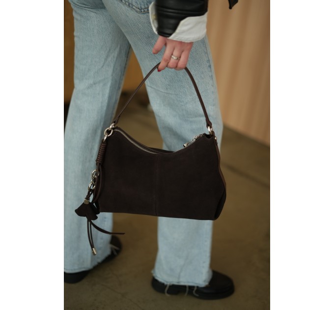 Жіноча сумка з натуральної замші та шкіри коричнева BAGS4LIFE (T) 916F з обвісом