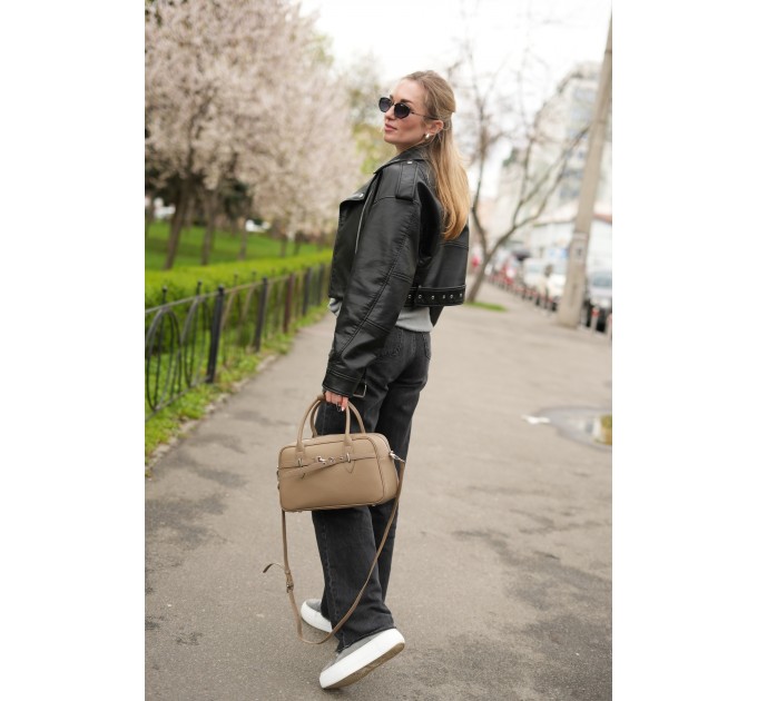 Женская сумка с натуральной кожи серо-бежевая BAGS4LIFE (T) 6037 с ремешком