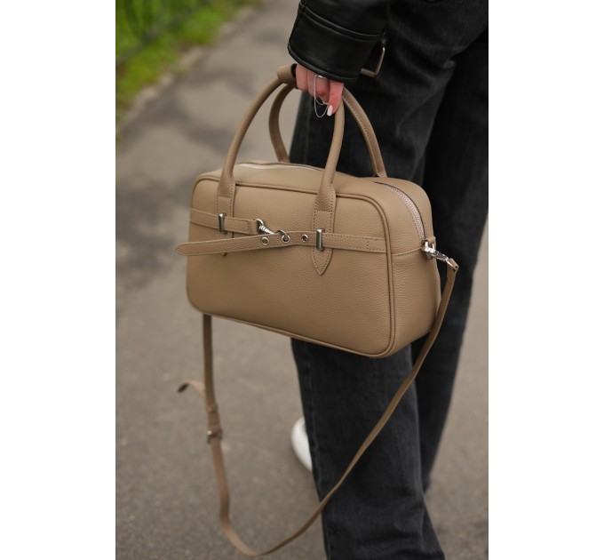 Женская сумка с натуральной кожи серо-бежевая BAGS4LIFE (T) 6037 с ремешком