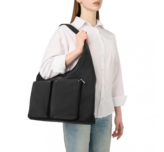 Женская сумка-шоппер из полиэстера черная EPOL 6116-04 с накладными карманами