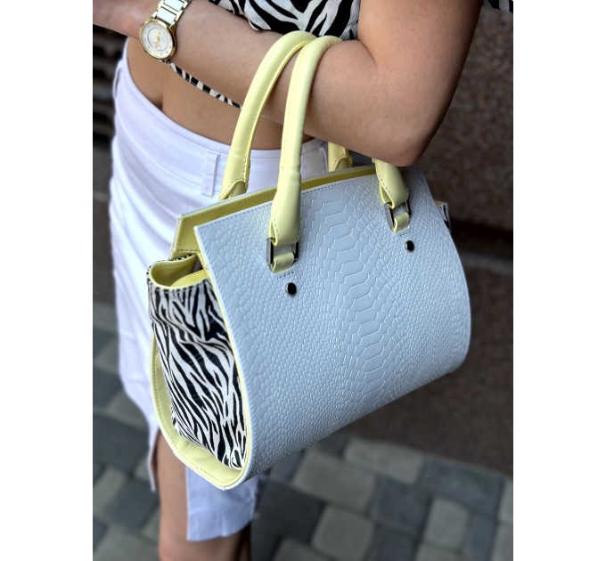 Жіноча ділова сумка з натуральної шкіри жовто-біла Vito Torelli 4070/6034/2120 пітон, зебра