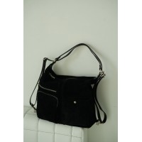 Жіноча сумка-рюкзак з натуральної замші та шкіри чорна BAGS4LIFE 900121F з накладними кишенями