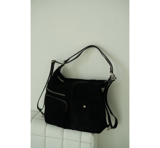 Женская сумка-рюкзак из натуральной замши и кожи черная BAGS4LIFE 900121F с накладными карманами